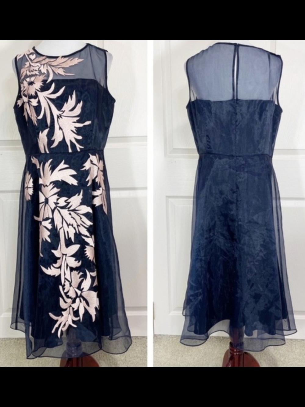 Katherine Kelly Luxury Navy& Pink Floral Embroidered Overlay Midi Dress, NWT, S4